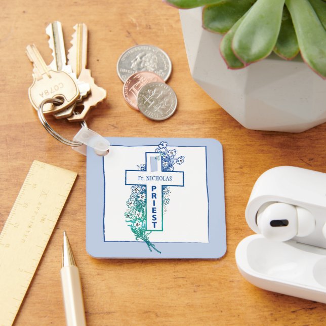 Priest Cross Flowers Personalized Keychain (Desk)