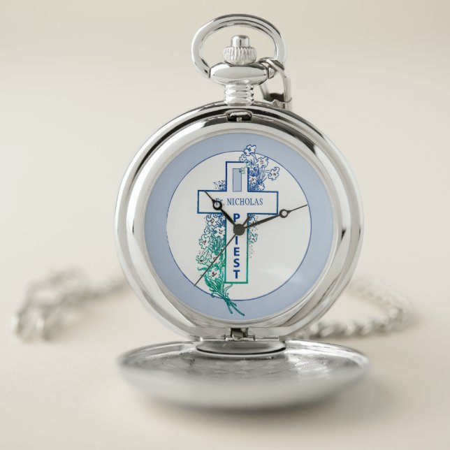 Priest Cross Flowers Personalized Pocket Watch (Inside)
