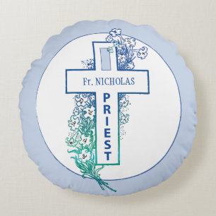Priest Cross Flowers Personalized Round Pillow