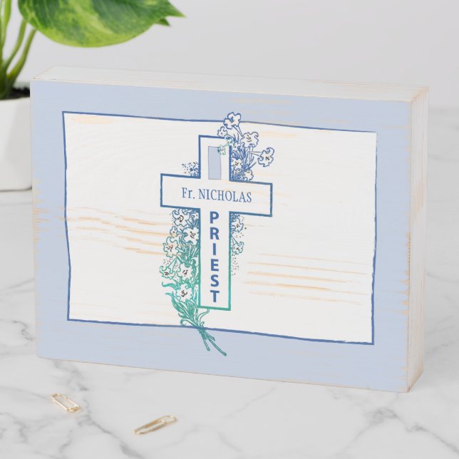 Priest Cross Flowers Personalized Wooden Box Sign (In Situ Horizontal)