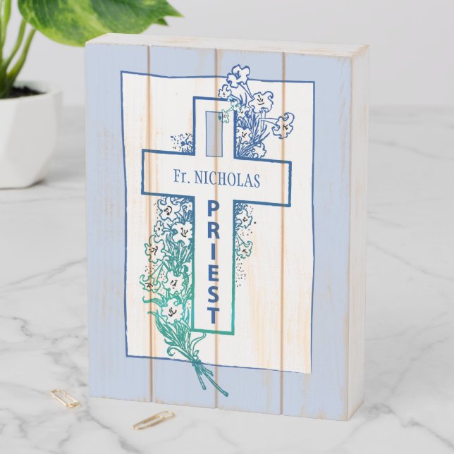 Priest Cross Flowers Personalized Wooden Box Sign (In Situ Vertical)