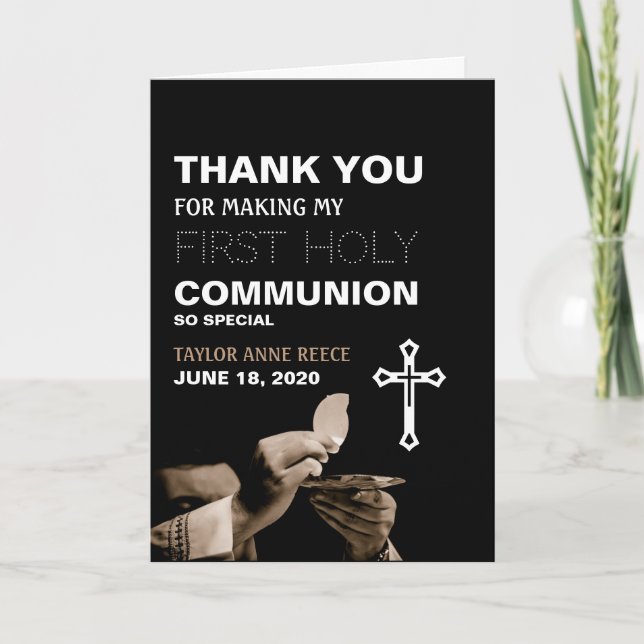 Priest & Crucifix, First Holy Communion Thank You Card (Front)