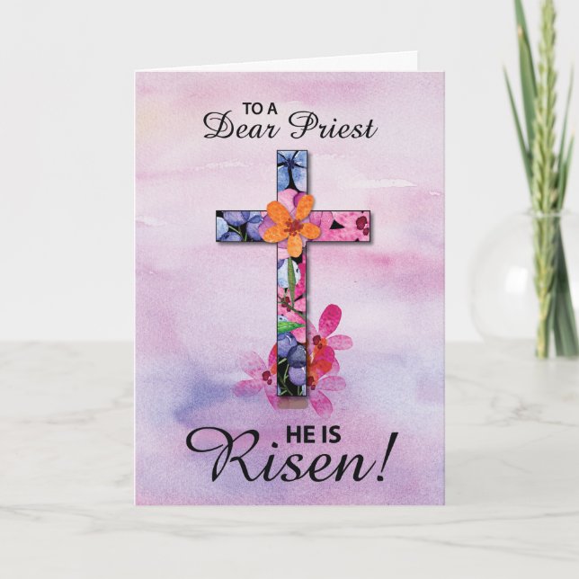 Priest Easter He is Risen Cross Watercolor Flowers Card (Front)