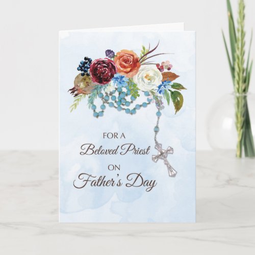 Priest Fathers Day With Rosary and Colorful Flower Card