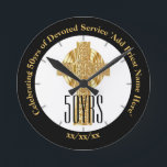 Priest Golden Jubilee 50th Ordination Anniversary Round Clock<br><div class="desc">ANY number of years as an Ordained Pastor, Priest Minister Deacon etc. Ordination Anniversary personalized commemorative keepsake Gift with text template fields for you to add name, date and other text as desired. Add a personal message, greeting, Bible verse, scripture, proverb. Suitable for any milestone 1st 5th 10th 15th 20th...</div>