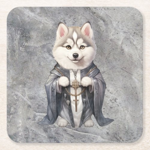 Priest King Siberian Husky Dog Square Paper Coaster