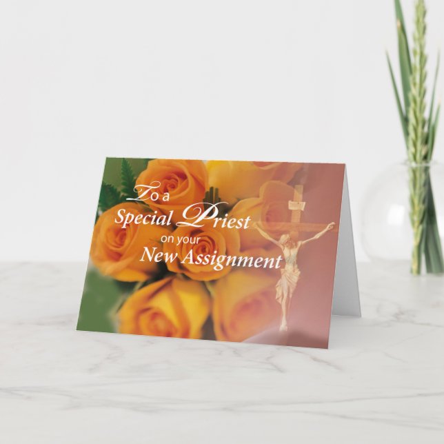 Priest New Assignment Yellow Roses Cross Card (Front)