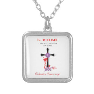 Priest Ordination Anniversary Black Cross Silver Plated Necklace