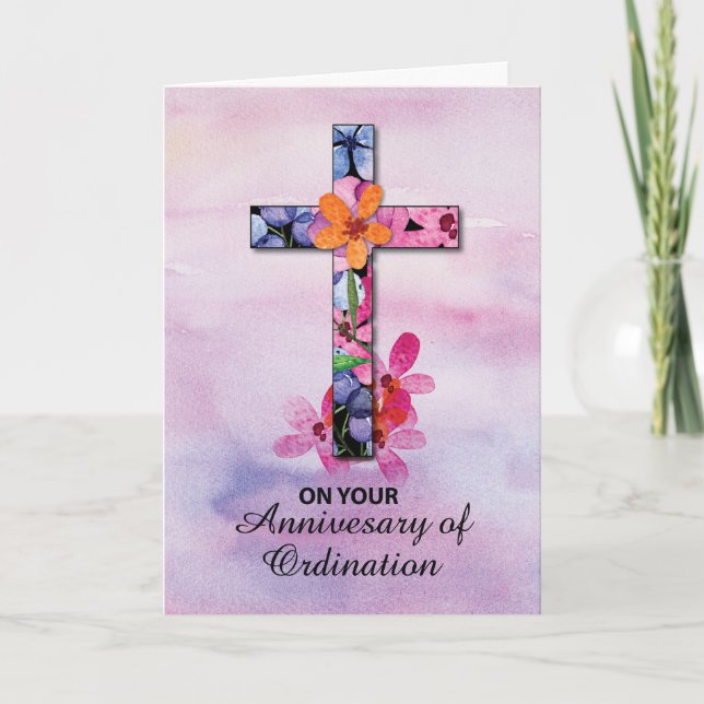 Priest Ordination Anniversary Cross Flowers Card (Front)