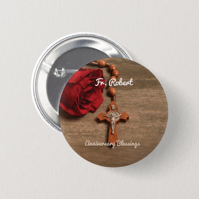 Priest Ordination Anniversary Red Rose and Rosary Button (Front & Back)