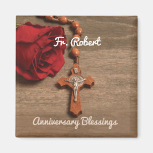 Priest Ordination Anniversary Red Rose and Rosary Magnet