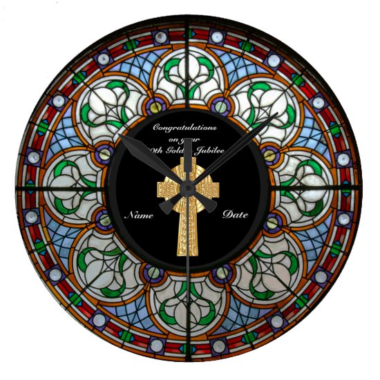 Priest Ordination Anniversary Stained Glass Cross Large Clock