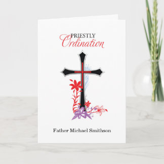 Priest Ordination Black Cross with Red Swirls Card