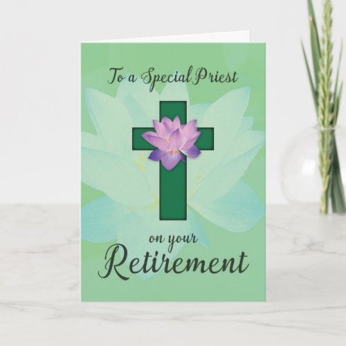 Priest Retirement Lotus Flower on Green Cross Card