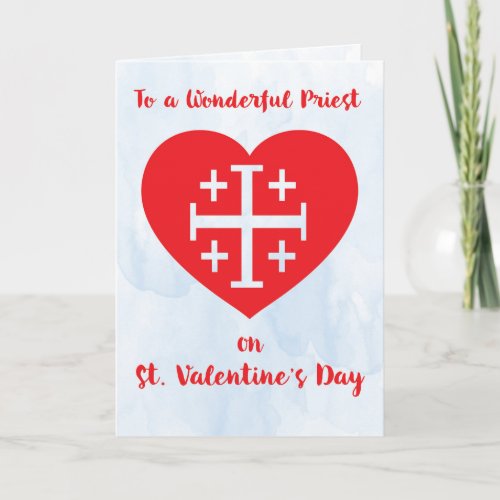 Priest St Valentines Day Cross on Red Heart Holiday Card