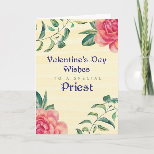 Priest Valentines Day Roses on Yellow Holiday Card