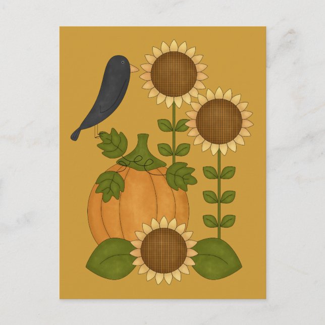 Prim Autumn Crow Pumpkin and Sunflowers Postcard (Front)