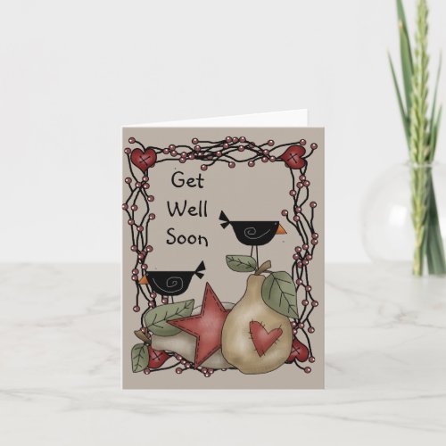 Prim Crow Get Well Wishes Note Card