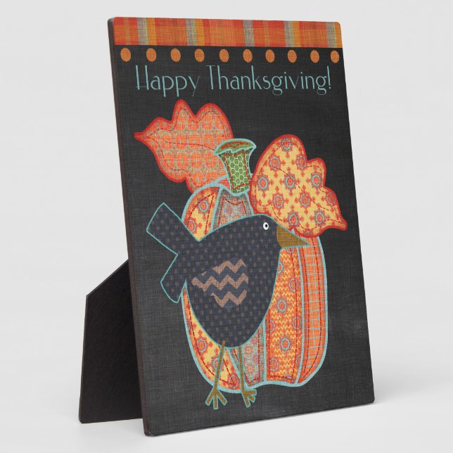 Prim Crow Patchwork Pumpkin Happy Thanksgiving Plaque (Side)
