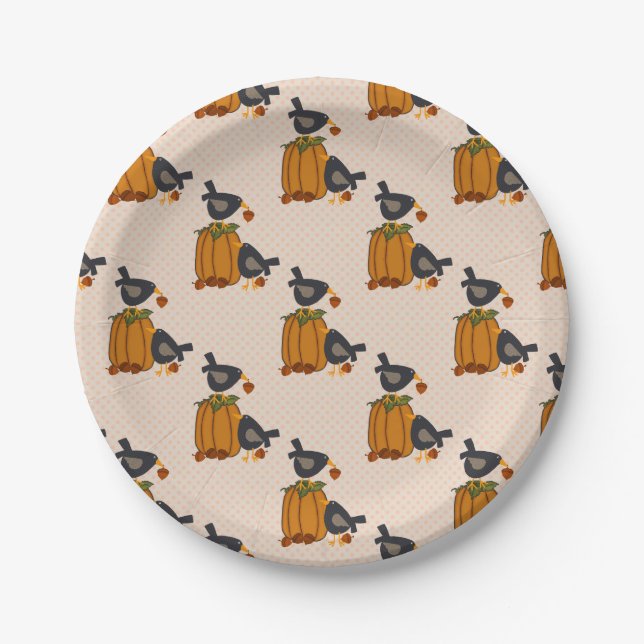 Prim Crows and Pumpkins Custom Paper Plates 7" (Front)