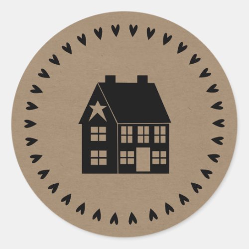 Prim House and Hearts Brown Craft Paper Style Classic Round Sticker