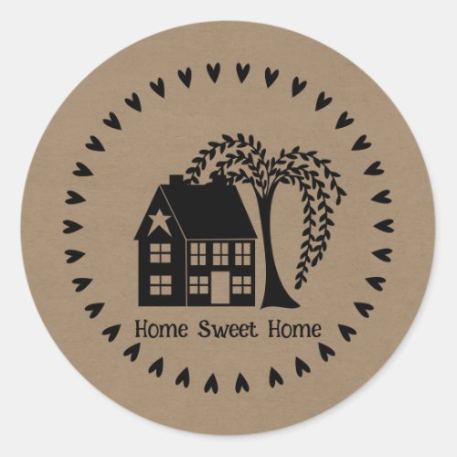 Prim House Hearts and Tree Home Sweet Home Classic Round Sticker