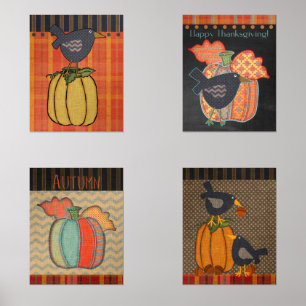 Prim Pumpkins and Crow Thanksgiving Fall Folk Art  Wall Art Sets