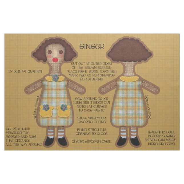 Prim Rag Doll Soft Stuffed Cut and Sew Kit Fabric (Fat Quarter)