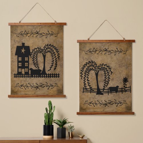 Prim Saltbox House Willow Tree Sheep  Hanging Tapestry