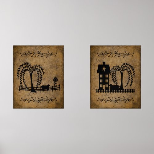Prim Saltbox House Willow Trees and Sheep Wall Art Sets