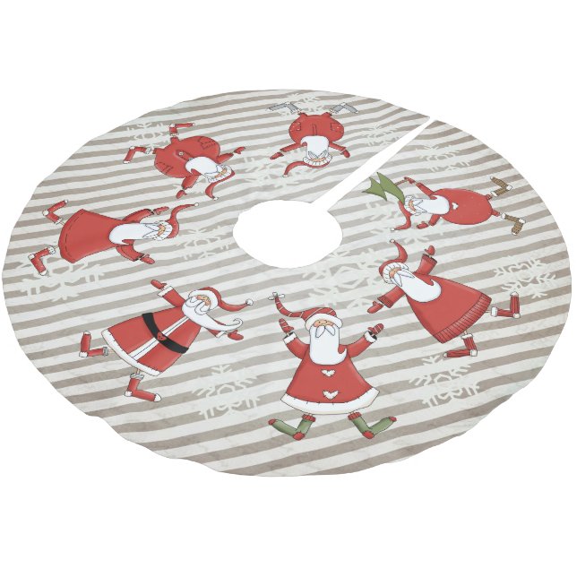 Prim Santas on Gray Stripe Holiday Tree Skirt (Angled)