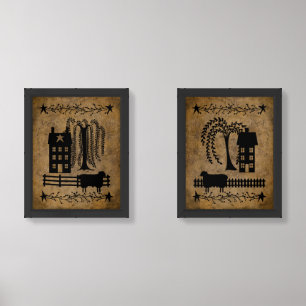 Prim Willows and Saltbox Houses Pip Berries Wall Art Sets