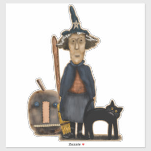 Prim Witch with Broom Pumpkin Cat Cute Halloween Sticker