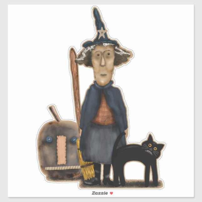 Prim Witch with Broom Pumpkin Cat Cute Halloween Sticker (Sheet)