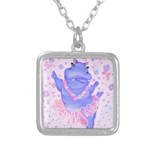 Prima Ballerina Hippo _ Add Your Picture  Text Silver Plated Necklace