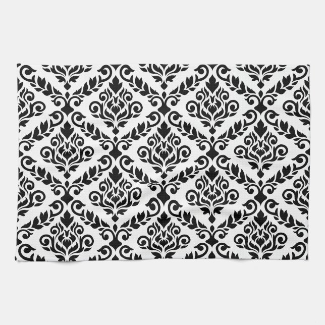 Prima Damask Big Ptn Black on White Towel (Horizontal)