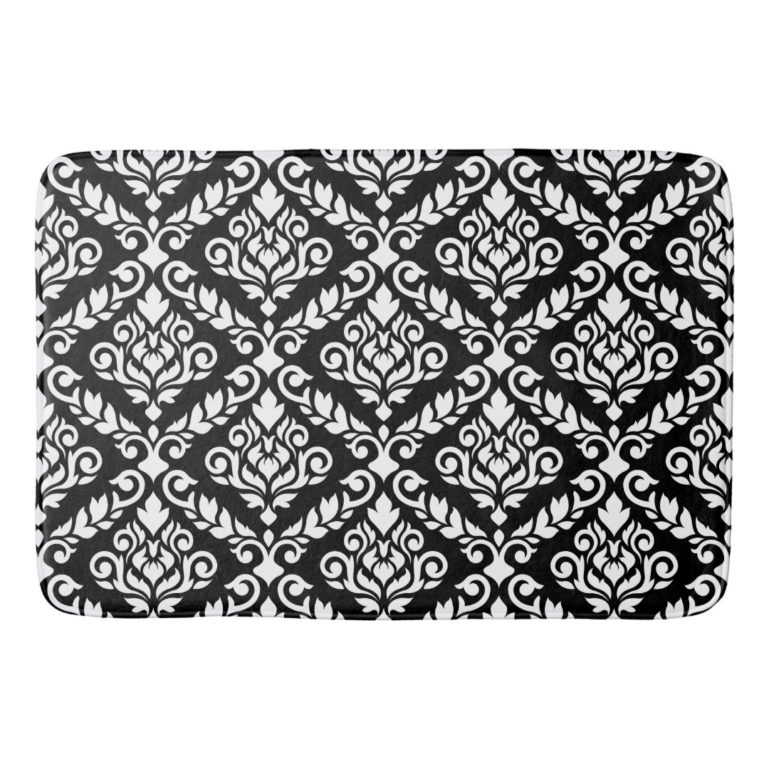 Prima Damask Big Ptn White on Black Bath Mat Zazzle