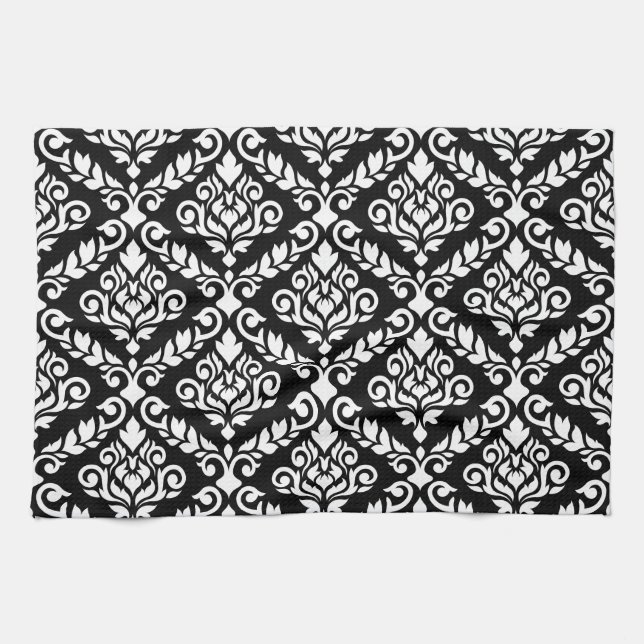 Prima Damask Big Ptn White on Black Kitchen Towel (Horizontal)