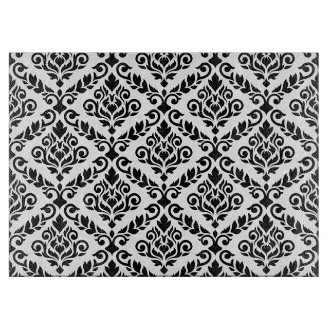 Prima Damask Pattern Black on White Cutting Board (Front)