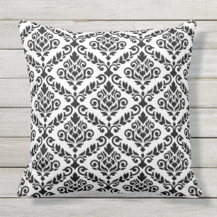 Prima Damask Pattern Black on White Outdoor Pillow