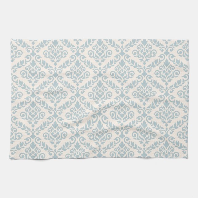 Prima Damask Pattern Blue on Cream Kitchen Towel (Horizontal)