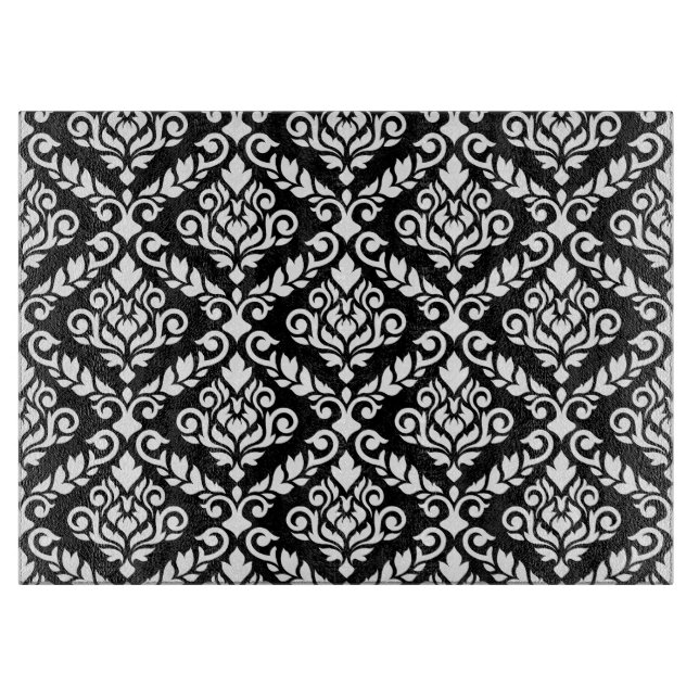 Prima Damask Pattern White on Black Cutting Board (Front)
