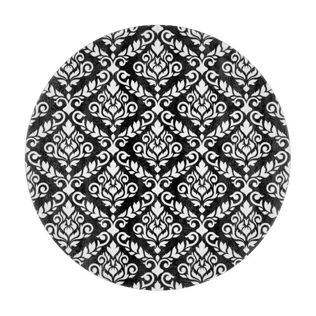 Prima Damask Pattern White on Black Cutting Board (Front)