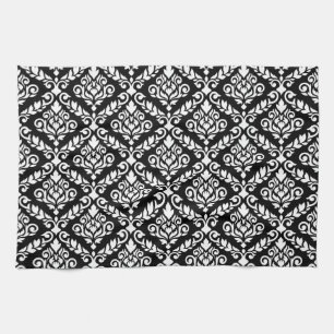 Prima Damask Pattern White on Black Kitchen Towel