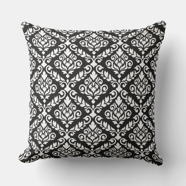 Prima Damask Pattern White on Black Throw Pillow (Front)