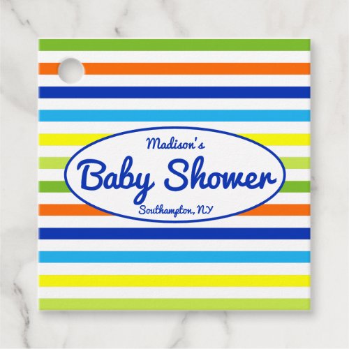 Primary Blue Modern Summer Stripes Baby Shower Favor Tags