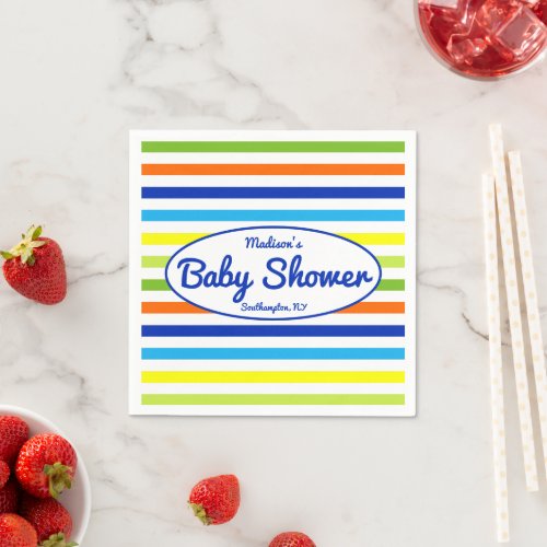 Primary Blue Modern Summer Stripes Baby Shower Napkins