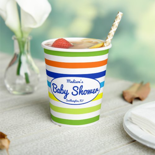 Primary Blue Modern Summer Stripes Baby Shower Paper Cups
