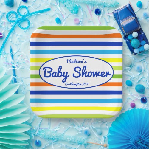 Primary Blue Modern Summer Stripes Baby Shower Paper Plates