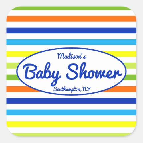 Primary Blue Modern Summer Stripes Baby Shower Square Sticker